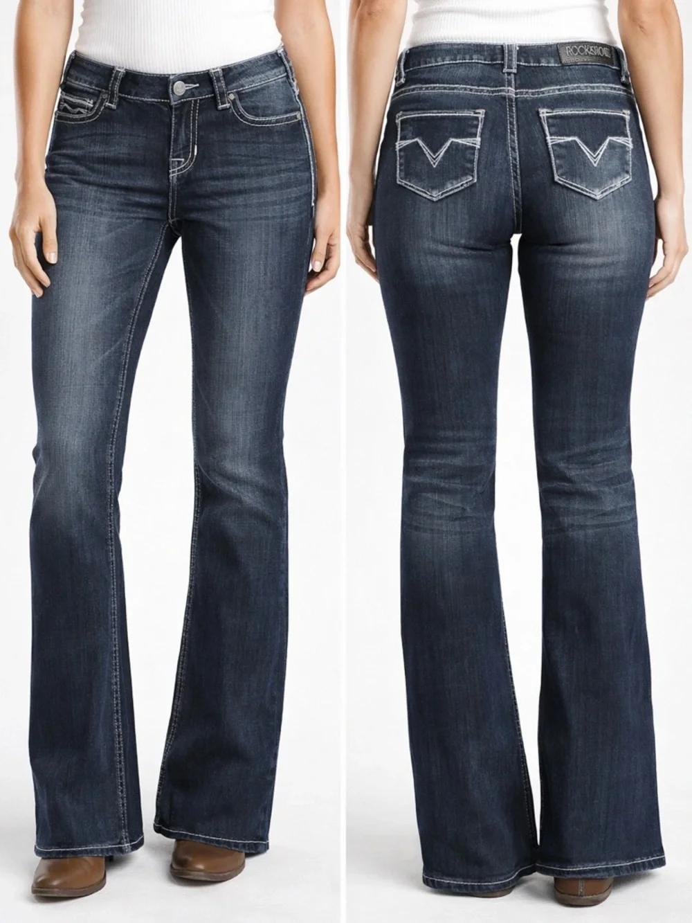 Rock & Roll Cowgirl Riding Jeans Womens Mid Rise Bootcut Dark Stone Wash Sz 28 - Picture 1 of 13